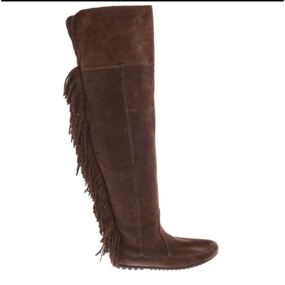 New Minnetonka Tall Leather Suede Brown Fringe Tall Moccasin Boots Size 5 - Picture 1 of 15